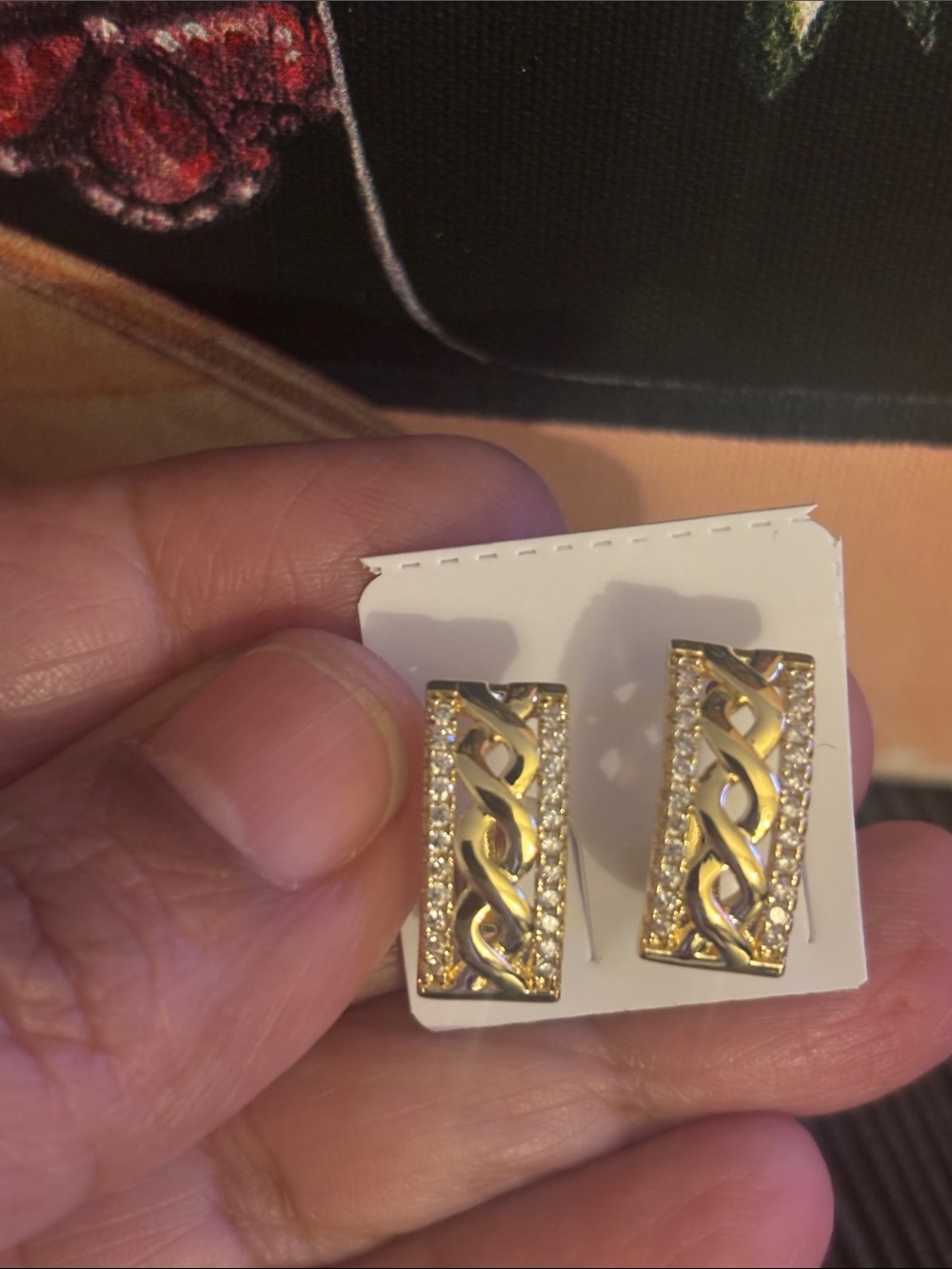 Gold Braided Rectangle Earrings with Crystal Borders